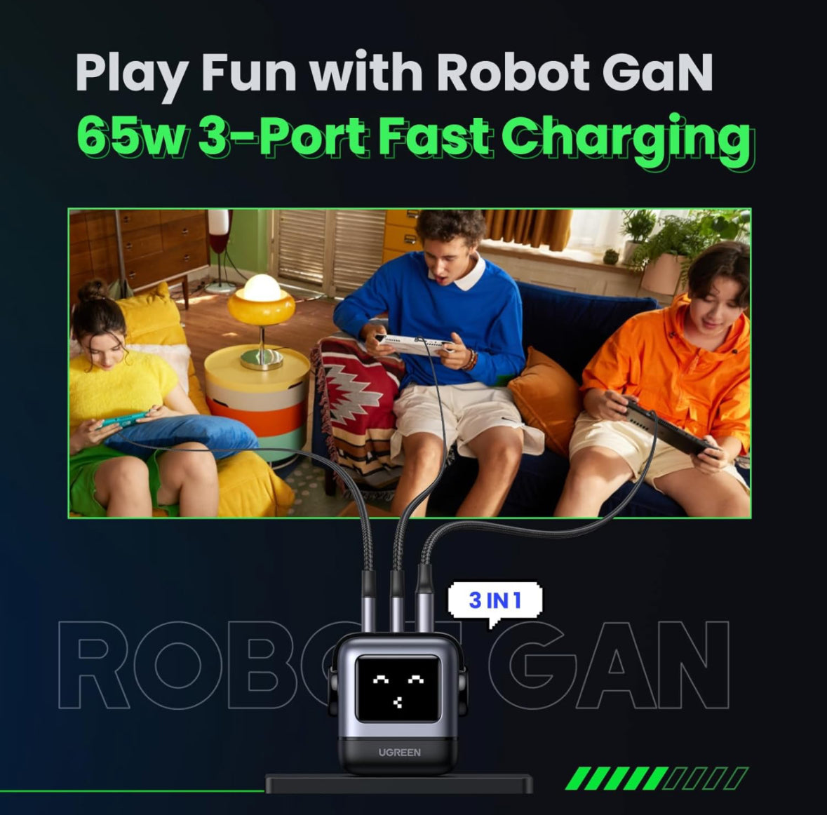 UGREEN RG 65W USB C Charger Nexode 3-Port Robot GaN